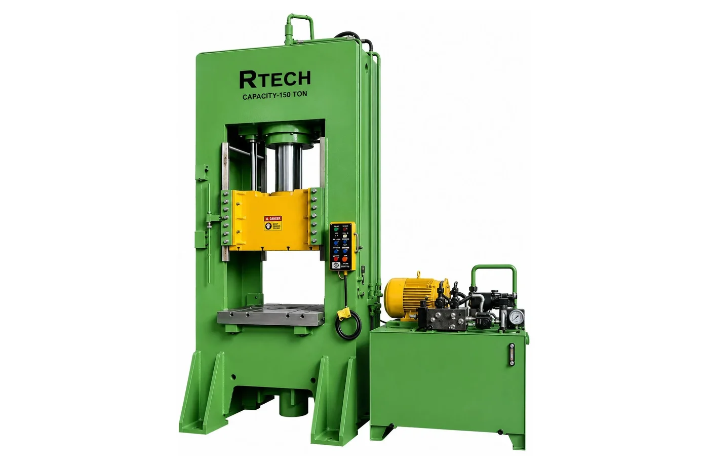R-Tech closed-frame hydraulic press for shearing: a stiff frame keeps the blades aligned, open front and back for feeding and unloading